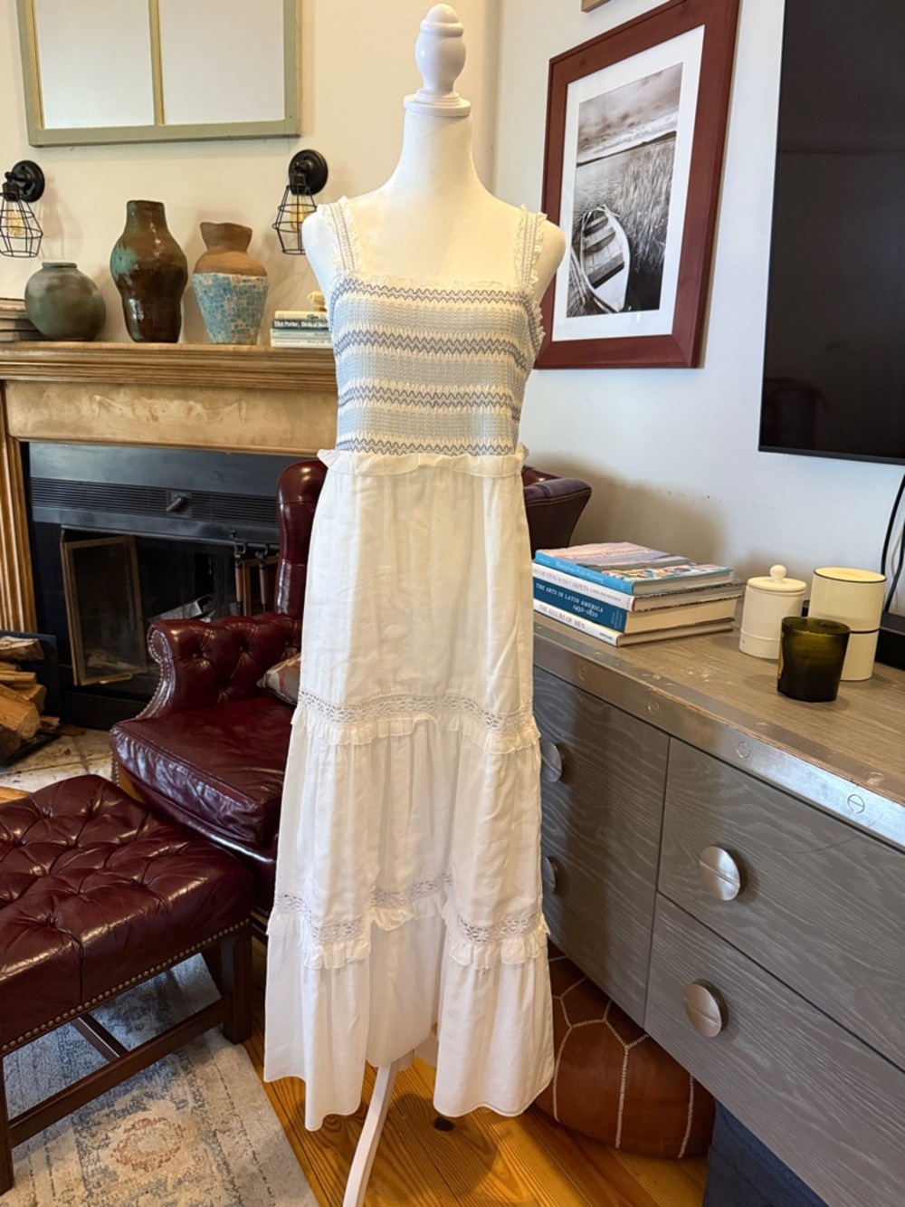 Bohemian White Maxi Dress with Blue Zigzag Bodice